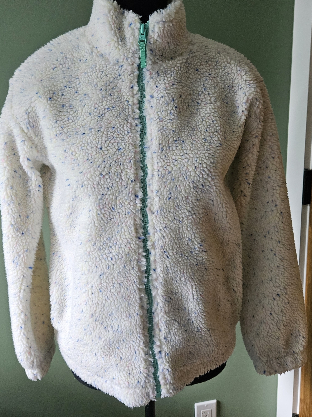 Crewcuts Ivory Sherpa Zip Jacket with Mint Trim